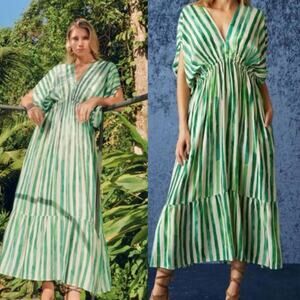 Marie Oliver Green Striped Venus Caftan Dress XS